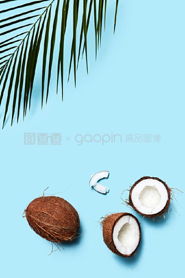 一片椰子和整個椰子,在藍(lán)色背景上有一片棕櫚綠葉。食物成分。平鋪。一個由有機(jī)的一半和一個椰子組成的美麗組成的藍(lán)色背景裝飾著一塊飾板,上面有一片平鋪。